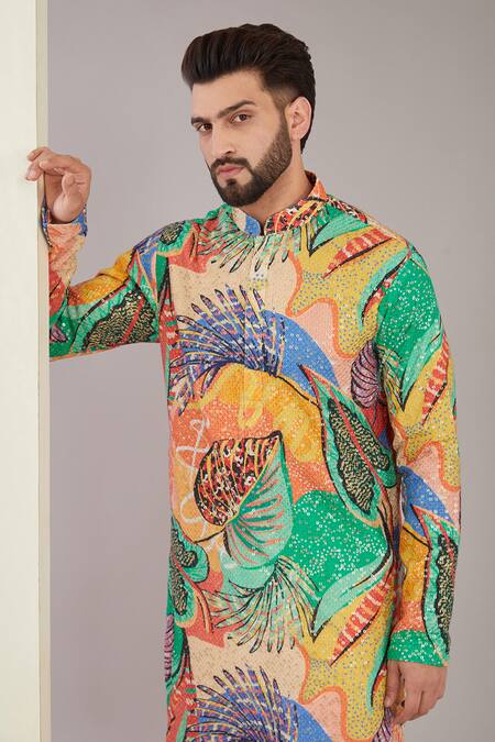 Kasbah_Multi Color Georgette, Cotton Sequins Foliage Print Kurta Set _Online_at_Aza_Fashions