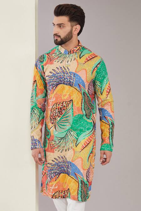 Buy_Kasbah_Multi Color Georgette, Cotton Sequins Foliage Print Kurta Set _Online_at_Aza_Fashions