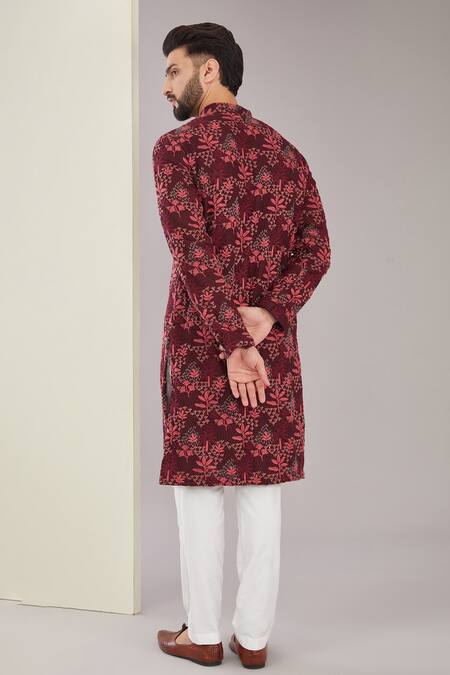 Shop Kasbah Maroon Silk Embroidery Foliage Kurta at Aza Fashions Shop_Kasbah_Maroon Silk Embroidery Foliage Kurta_at_Aza_Fashions