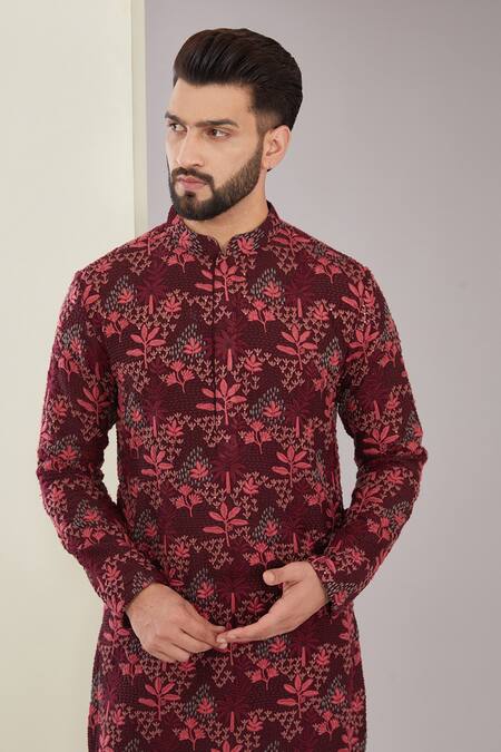 Kasbah Maroon Silk Embroidery Foliage Kurta Online at Aza Fashions Kasbah_Maroon Silk Embroidery Foliage Kurta_Online_at_Aza_Fashions