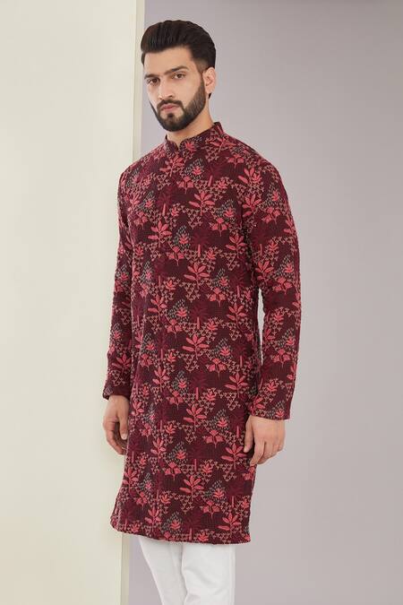 Buy Kasbah Maroon Silk Embroidery Foliage Kurta Online at Aza Fashions Buy_Kasbah_Maroon Silk Embroidery Foliage Kurta_Online_at_Aza_Fashions