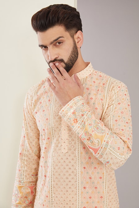 Kasbah_Peach Georgette Embroidery, Sequins Kalamkari Kurta Set _Online_at_Aza_Fashions