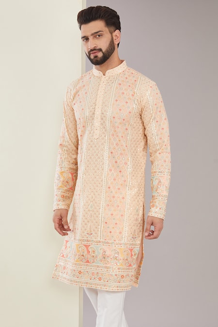 Buy_Kasbah_Peach Georgette Embroidery, Sequins Kalamkari Kurta Set _Online_at_Aza_Fashions