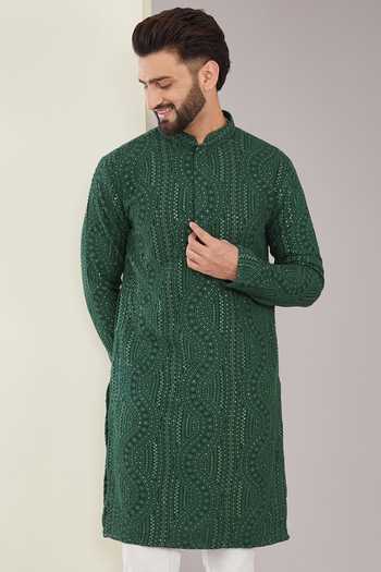 Buy_Kasbah_Green Silk, Cotton Sequins Chikankari Embroidered Kurta Set _Online_at_Aza_Fashions