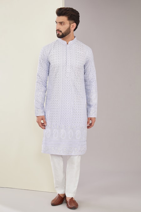 Kasbah Purple Silk Embroidery Chikankari Thread Work Kurta 