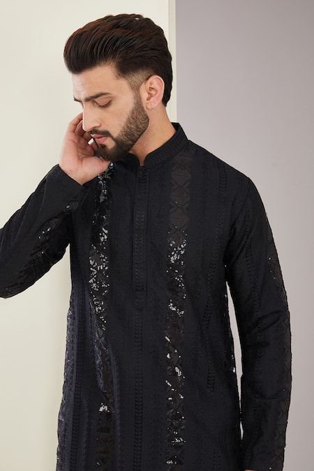 Kasbah Black Silk, Cotton Sequins Geometric Embroidered Kurta Set Online at Aza Fashions Kasbah_Black Silk, Cotton Sequins Geometric Embroidered Kurta Set _Online_at_Aza_Fashions