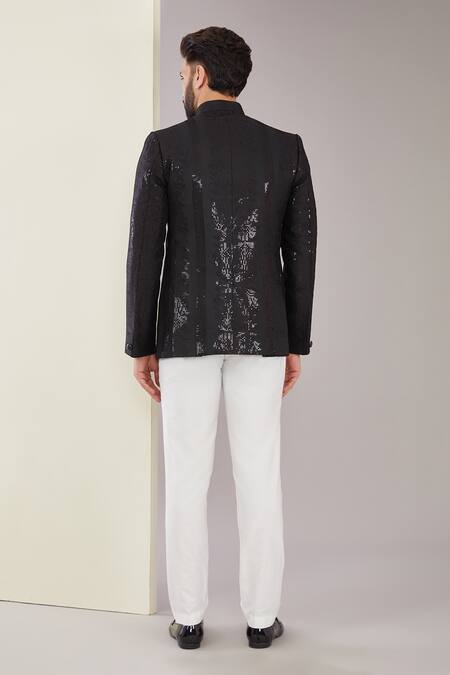 Shop_Kasbah_Black Silk Sequins, Embroidery Thread Work Bandhgala_at_Aza_Fashions