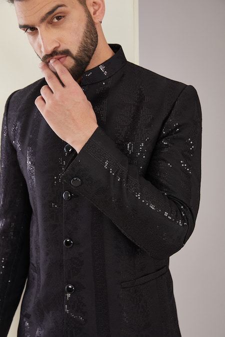 Kasbah_Black Silk Sequins, Embroidery Thread Work Bandhgala_Online_at_Aza_Fashions