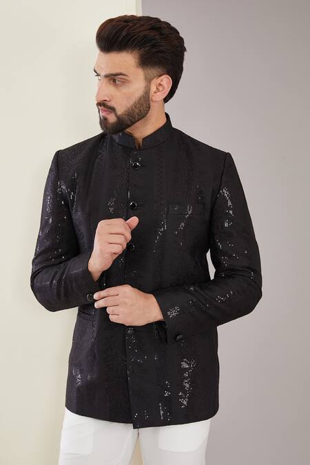Buy_Kasbah_Black Silk Sequins, Embroidery Thread Work Bandhgala_Online_at_Aza_Fashions
