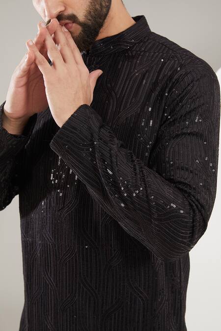 Kasbah_Black Silk, Cotton Sequins, Embroidery Stripe Kurta Set _Online_at_Aza_Fashions