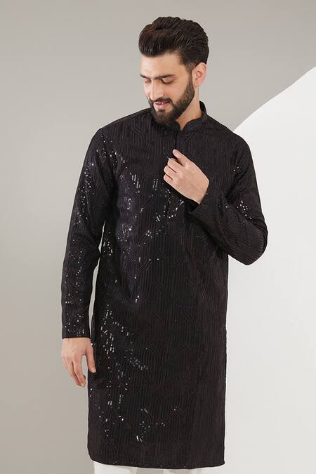 Buy_Kasbah_Black Silk, Cotton Sequins, Embroidery Stripe Kurta Set _Online_at_Aza_Fashions