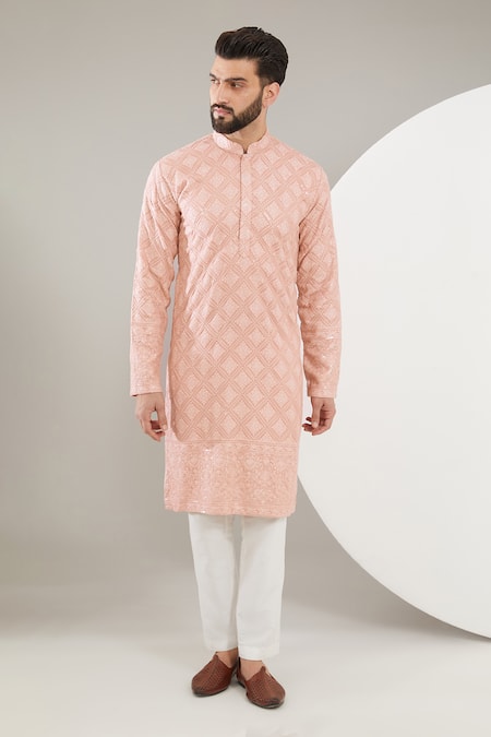 Kasbah Peach Silk Embroidery Chikankari Thread Work Kurta Set