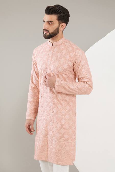 Kasbah_Peach Silk, Cotton Embroidery Chikankari Work Kurta Set _Online_at_Aza_Fashions