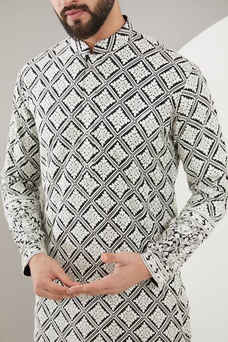 Kasbah_Black Silk Embroidery Floral Chikankari Kurta Set _Online_at_Aza_Fashions