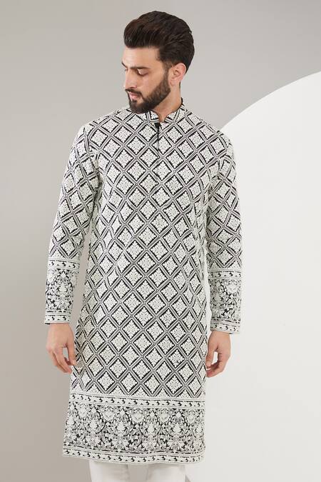 Buy_Kasbah_Black Silk Embroidery Floral Chikankari Kurta Set _Online_at_Aza_Fashions