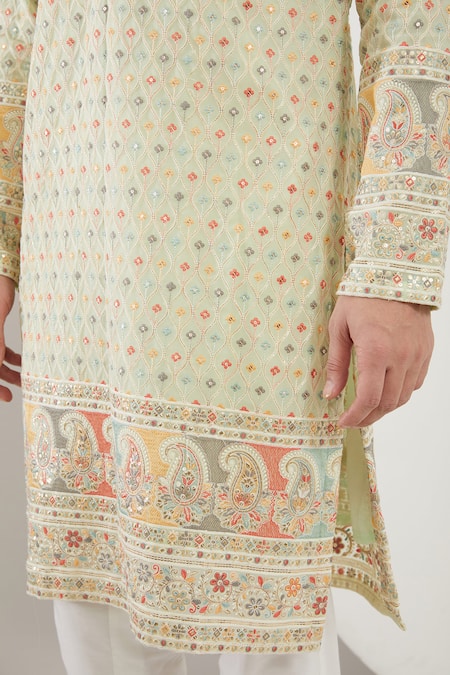 Kasbah_Green Georgette, Cotton Sequins, Embroidery Mughal Kurta Set _Online_at_Aza_Fashions