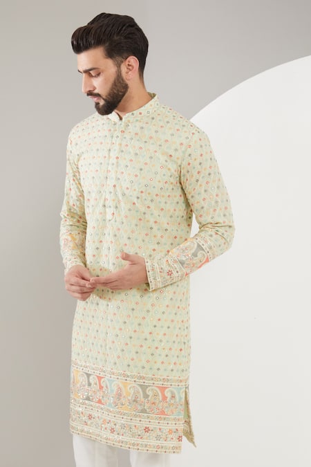 Buy_Kasbah_Green Georgette, Cotton Sequins, Embroidery Mughal Kurta Set _Online_at_Aza_Fashions