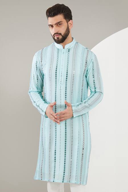Buy_Kasbah_Blue Georgette, Cotton Mirrors, Embroidery Work Kurta Set _Online_at_Aza_Fashions