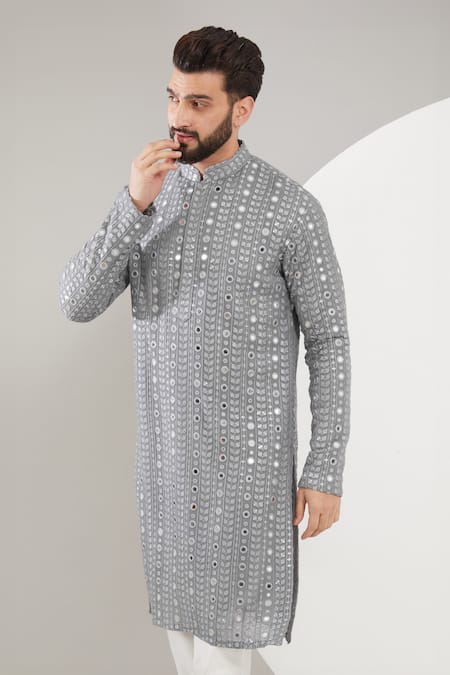 Buy_Kasbah_Grey Georgette, Cotton Foil Printing, Embroidery Mirror Kurta Set _Online_at_Aza_Fashions