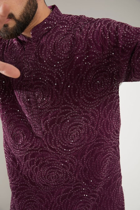 Kasbah_Maroon Silk Sequins, Embroidery Floral Kurta _Online_at_Aza_Fashions