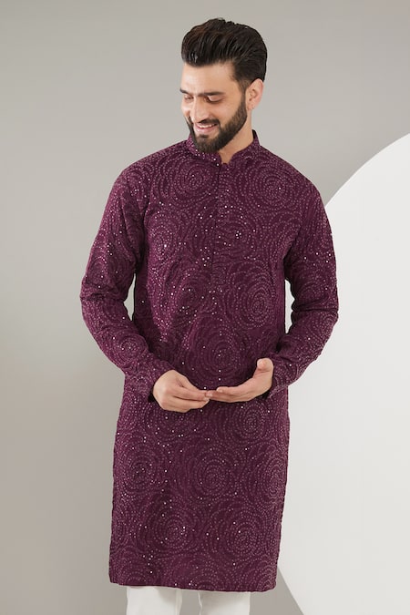 Buy_Kasbah_Maroon Silk Sequins, Embroidery Floral Kurta _Online_at_Aza_Fashions