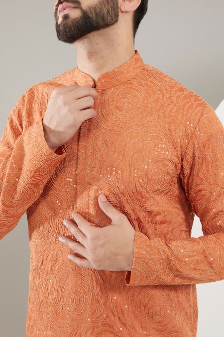 Kasbah_Orange Silk Sequins And Thread Work Kurta _Online_at_Aza_Fashions