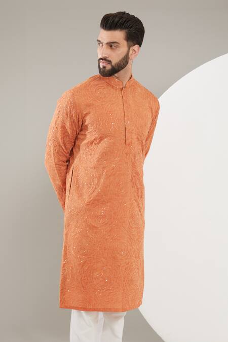 Buy_Kasbah_Orange Silk Sequins And Thread Work Kurta _Online_at_Aza_Fashions