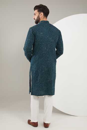 Shop Kasbah Blue Silk Sequins, Embroidery Work Kurta at Aza Fashions Shop_Kasbah_Blue Silk Sequins, Embroidery Work Kurta _at_Aza_Fashions