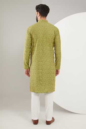 Shop Kasbah Green Silk, Cotton Embroidery Geometric Pattern Kurta Set at Aza Fashions Shop_Kasbah_Green Silk, Cotton Embroidery Geometric Pattern Kurta Set _at_Aza_Fashions