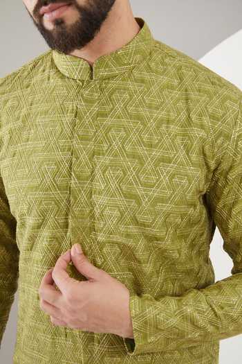 Kasbah Green Silk, Cotton Embroidery Geometric Pattern Kurta Set Online at Aza Fashions Kasbah_Green Silk, Cotton Embroidery Geometric Pattern Kurta Set _Online_at_Aza_Fashions