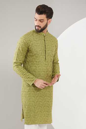 Buy Kasbah Green Silk, Cotton Embroidery Geometric Pattern Kurta Set Online at Aza Fashions Buy_Kasbah_Green Silk, Cotton Embroidery Geometric Pattern Kurta Set _Online_at_Aza_Fashions