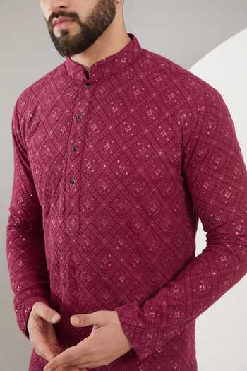 Kasbah Maroon Georgette, Cotton Sequins, Embroidery Thread And Kurta Set Online at Aza Fashions Kasbah_Maroon Georgette, Cotton Sequins, Embroidery Thread And Kurta Set _Online_at_Aza_Fashions