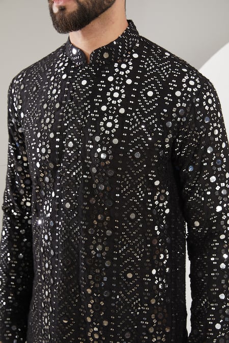 Kasbah_Black Silk Sequins, Mirrors And Foil Embroidered Kurta _Online_at_Aza_Fashions