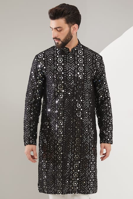 Buy_Kasbah_Black Silk Sequins, Mirrors And Foil Embroidered Kurta _Online_at_Aza_Fashions