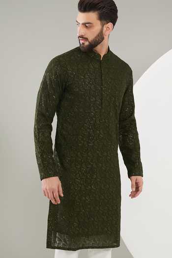 Buy_Kasbah_Green Georgette, Cotton Embroidery, Beads Thread And Beadwork Kurta Set _Online_at_Aza_Fashions