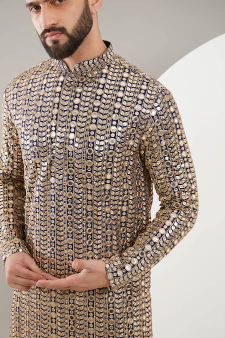 Kasbah_Blue Georgette Mirrors, Zari And Embroidered Kurta _Online_at_Aza_Fashions