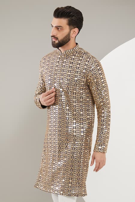 Buy_Kasbah_Blue Georgette Mirrors, Zari And Embroidered Kurta _Online_at_Aza_Fashions