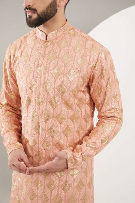 Kasbah_Peach Silk, Cotton Sequins, Embroidery Thread And Kurta Set _Online_at_Aza_Fashions