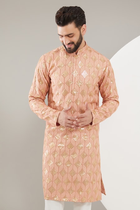 Buy_Kasbah_Peach Silk, Cotton Sequins, Embroidery Thread And Kurta Set _Online_at_Aza_Fashions