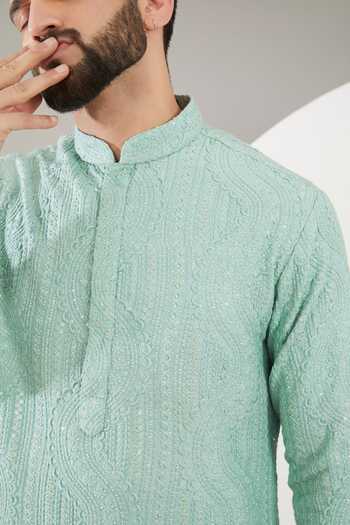 Kasbah_Blue Silk, Cotton Sequins, Embroidery And Threadwork Kurta Set _Online_at_Aza_Fashions