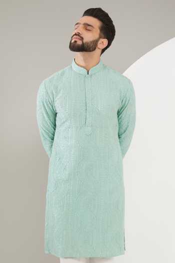 Buy_Kasbah_Blue Silk, Cotton Sequins, Embroidery And Threadwork Kurta Set _Online_at_Aza_Fashions