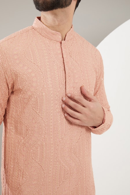 Kasbah_Peach Silk, Cotton Sequins, Embroidery Chikankari Threadwork Kurta Set _Online_at_Aza_Fashions