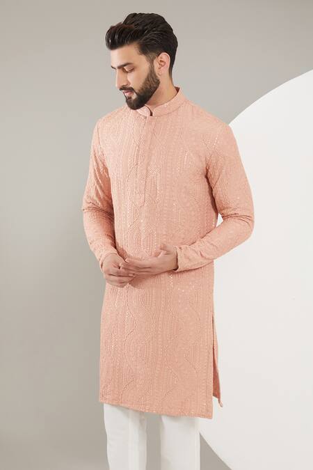 Buy_Kasbah_Peach Silk, Cotton Sequins, Embroidery Chikankari Threadwork Kurta Set _Online_at_Aza_Fashions