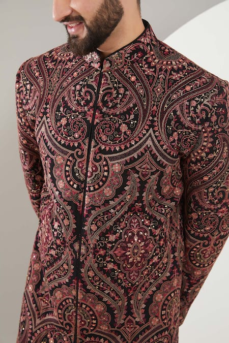 Kasbah_Multi Color Georgette, Cotton Embroidery Kashmiri Threadwork Sherwani Set _Online_at_Aza_Fashions