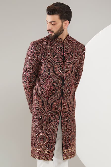Buy_Kasbah_Multi Color Georgette, Cotton Embroidery Kashmiri Threadwork Sherwani Set _Online_at_Aza_Fashions