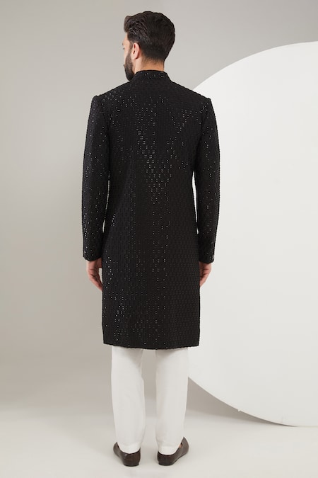 Shop_Kasbah_Black Silk Embroidery Cutdana Sherwani _at_Aza_Fashions