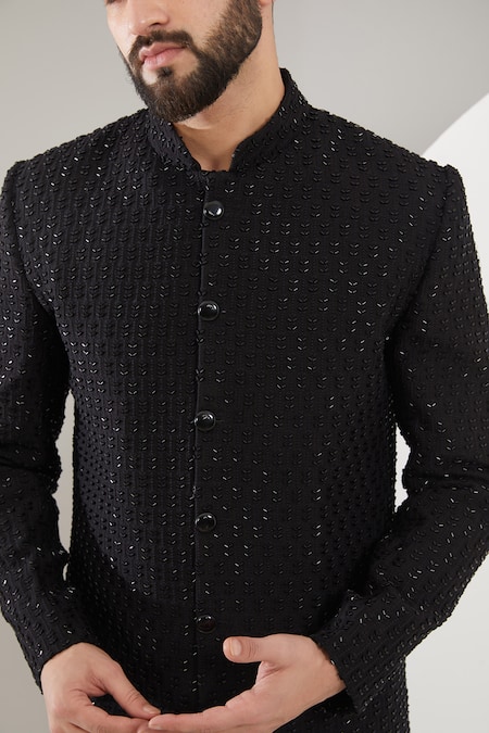 Kasbah_Black Silk Embroidery Cutdana Sherwani _Online_at_Aza_Fashions