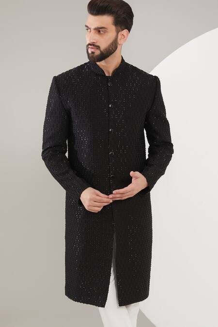 Buy_Kasbah_Black Silk Embroidery Cutdana Sherwani _Online_at_Aza_Fashions