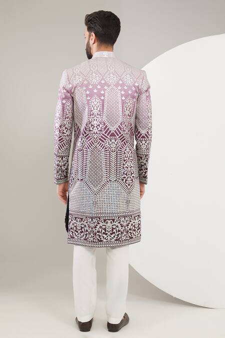 Shop Kasbah Purple Silk Embroidery Ombre Threadwork Sherwani Set at Aza Fashions Shop_Kasbah_Purple Silk Embroidery Ombre Threadwork Sherwani Set _at_Aza_Fashions