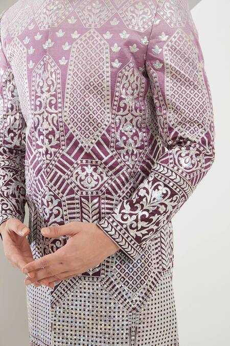 Kasbah Purple Silk Embroidery Ombre Threadwork Sherwani Set Online at Aza Fashions Kasbah_Purple Silk Embroidery Ombre Threadwork Sherwani Set _Online_at_Aza_Fashions
